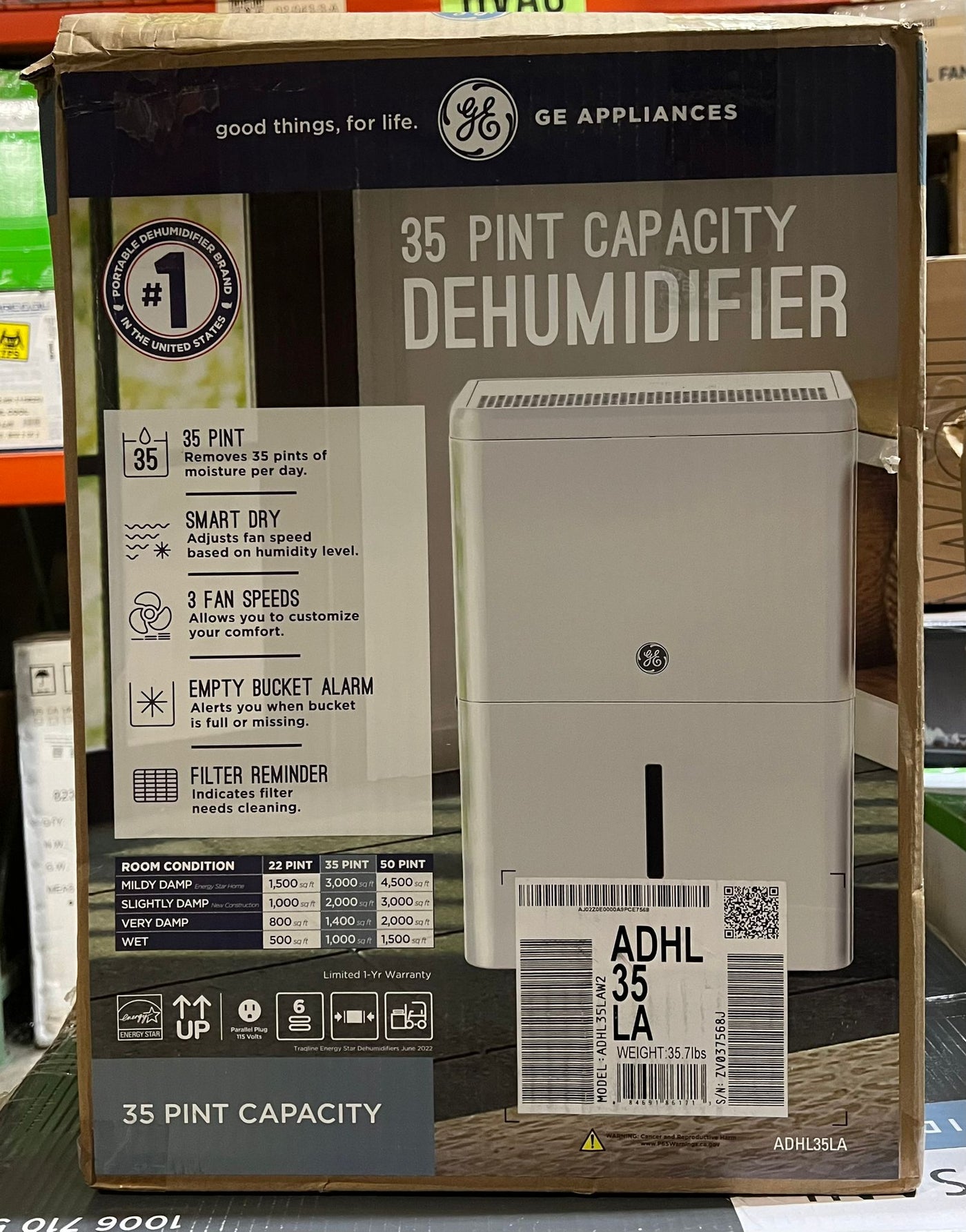 GE 35 pt. Dehumidifier with Smart Dry for Bedroom, Basement or Very Damp Rooms - $130