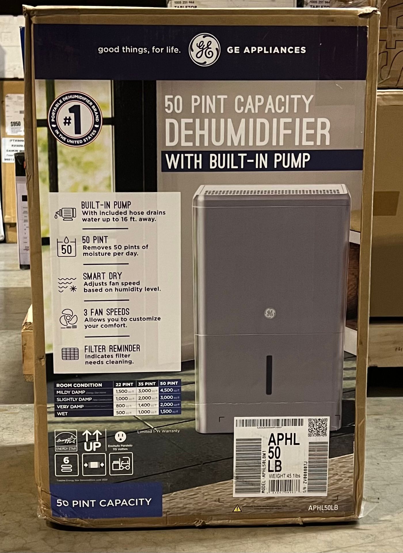 GE 50-Pint Dehumidifier with Built-in Pump for Basement, Garage or Wet Rooms - $140