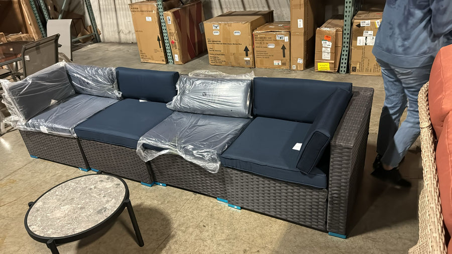 Wicker 4-Seat Outdoor Patio Sectional Set with Blue Cushions (*Assembled) - $350
