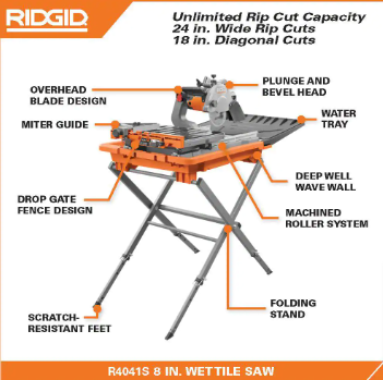 RIDGID 12 Amp 8 in. Blade Corded Wet Tile Saw with Extended Rip - $350