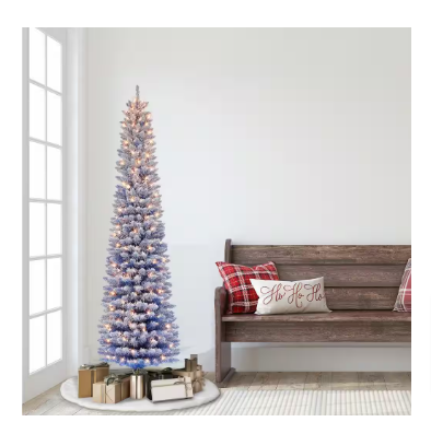Puleo International 6.5 ft. Pre-Lit Flocked Fashion Blue Pencil Artificial Christmas Tree - $65