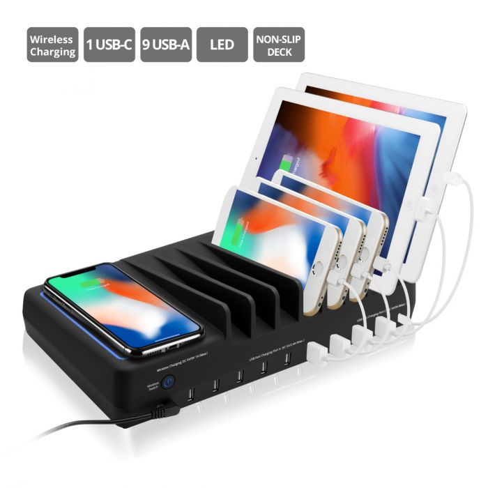 Siig 10-Port USB-A/C & Wireless Charging Station with Ambient Light Deck - $42