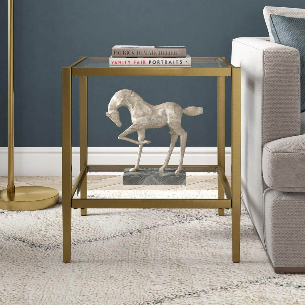 Hera 20 in. Antique Brass Finish Square Glass Top End Table - $70