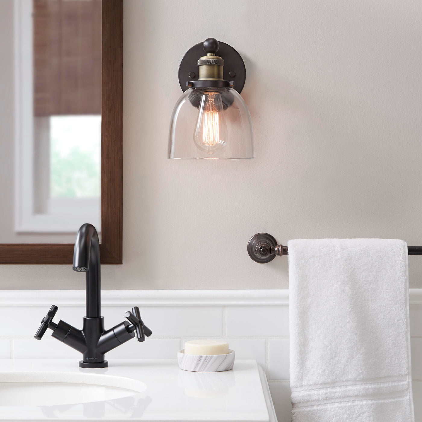 Evelyn 6 in. 1-Light Artisan Bronze Industrial Vanity with Clear Glass Shade - $25