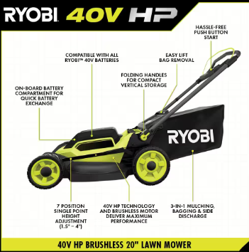 RYOBI 40V HP Brushless 20 in. Cordless Battery Walk Behind Push Mower( ·  DISCOUNT BROS