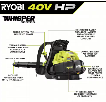RYOBI 40V HP Brushless 165 MPH 730 CFM Cordless Battery Backpack Blower - $315