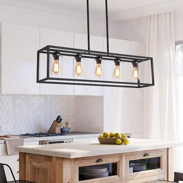 aiwen 5 -Light Black Unique Statement Square Rectangle Chandelier With Glass Shade - $105
