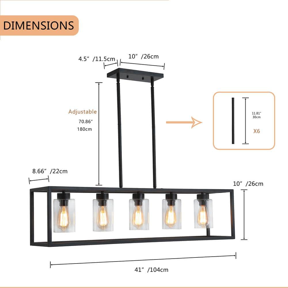 aiwen 5 -Light Black Unique Statement Square Rectangle Chandelier With Glass Shade - $105