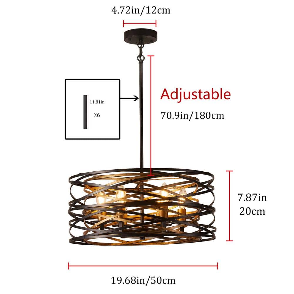 aiwen Industrial 6-Light Drum Black Cage Chandelier Metal Hanging Light Fixture - $60