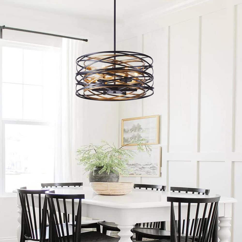 aiwen Industrial 6-Light Drum Black Cage Chandelier Metal Hanging Light Fixture - $60