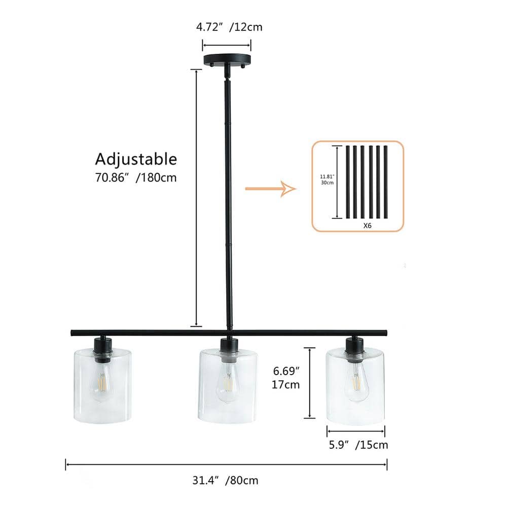 aiwen 3-Light Kitchen Black Kitchen Island Linear Cylinder Chandelier - $75