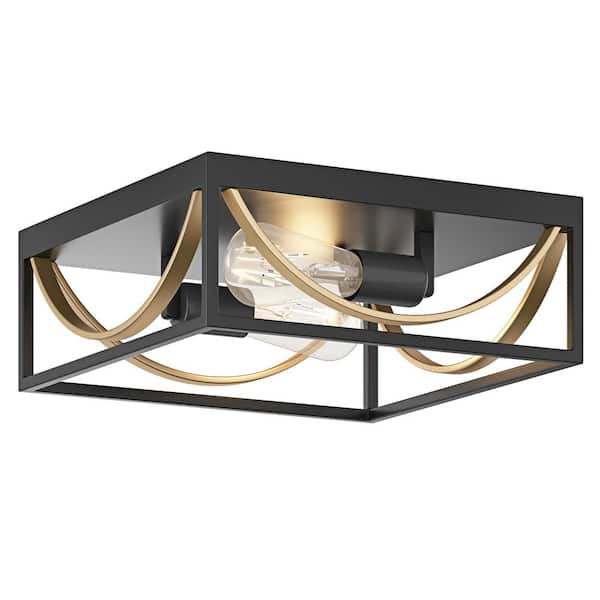 aiwen Modern 12.99 in. 2-Light Black and Gold Flush Mount Ceiling Light Fixture - $35