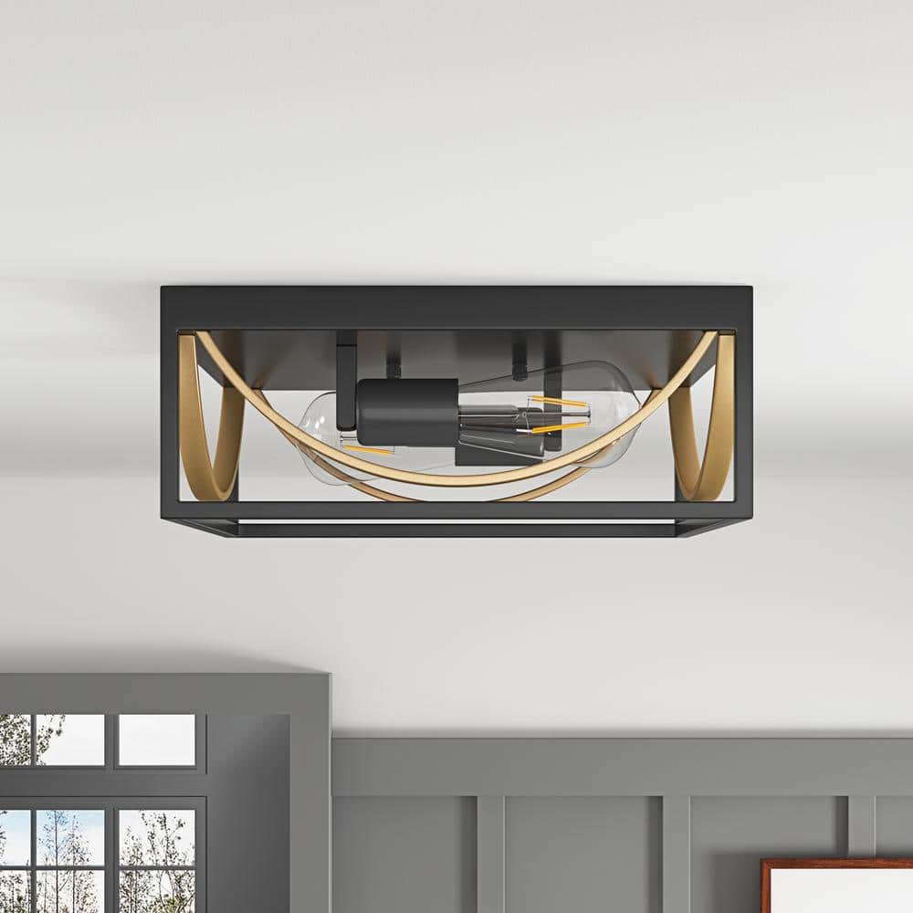 aiwen Modern 12.99 in. 2-Light Black and Gold Flush Mount Ceiling Light Fixture - $35