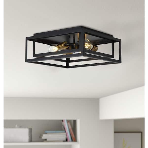 aiwen 15.4 in. 3-Light Black Farmhouse Caged Square Flush Mount Ceiling Lighting - $75