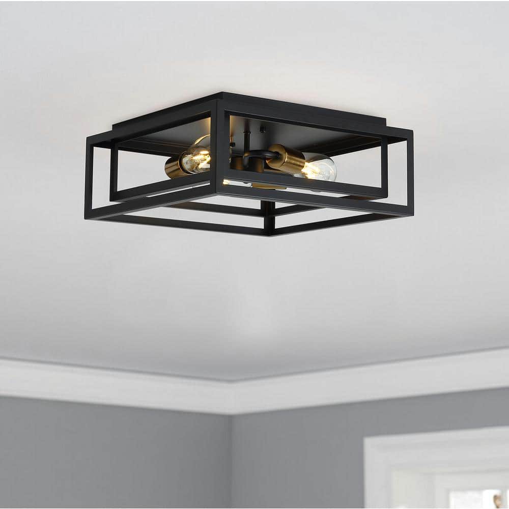 aiwen 15.4 in. 3-Light Black Farmhouse Caged Square Flush Mount Ceiling Lighting - $75