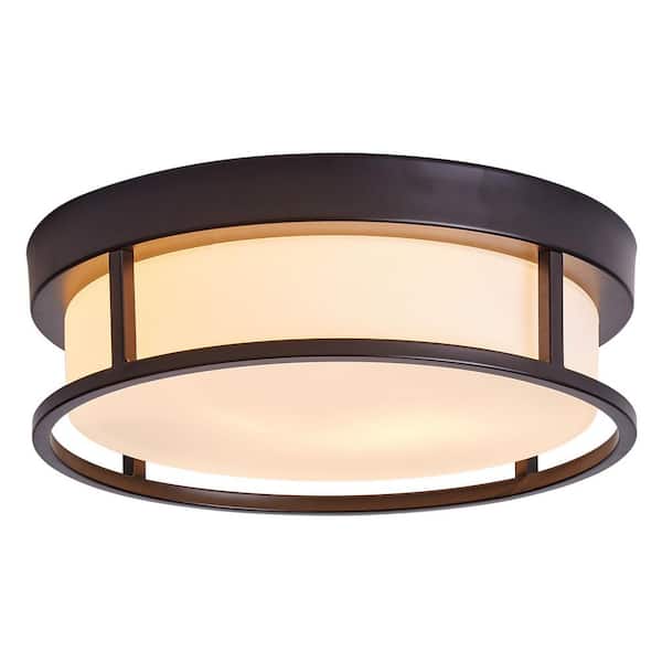 aiwen 13 in. 2-Light Black Flush Mount Ceiling Light with Drum White Glass Shade - $30