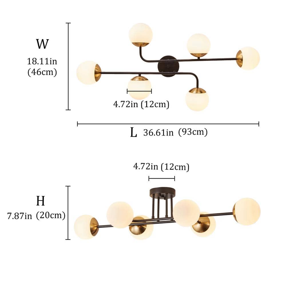 36.61 in. 6-Light Black Sputnik Oversized Semi-Flush Mount Ceiling Light Fixture - $80