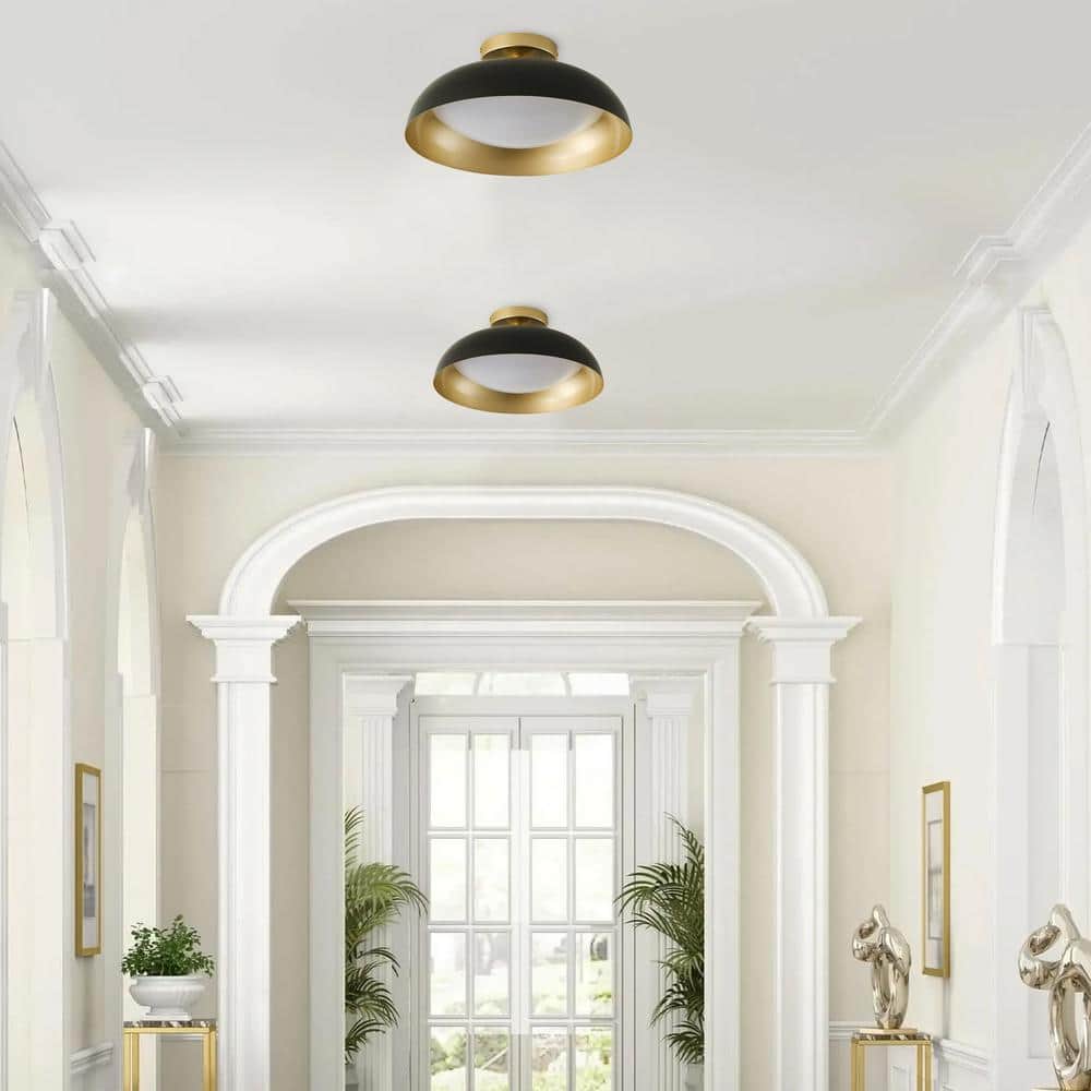 Mid Century 1-Light 14.96in. Dimmable Black and Gold Semi-Flush Mount Ceiling Light - $55