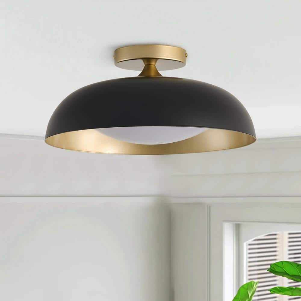 Mid Century 1-Light 14.96in. Dimmable Black and Gold Semi-Flush Mount Ceiling Light - $55