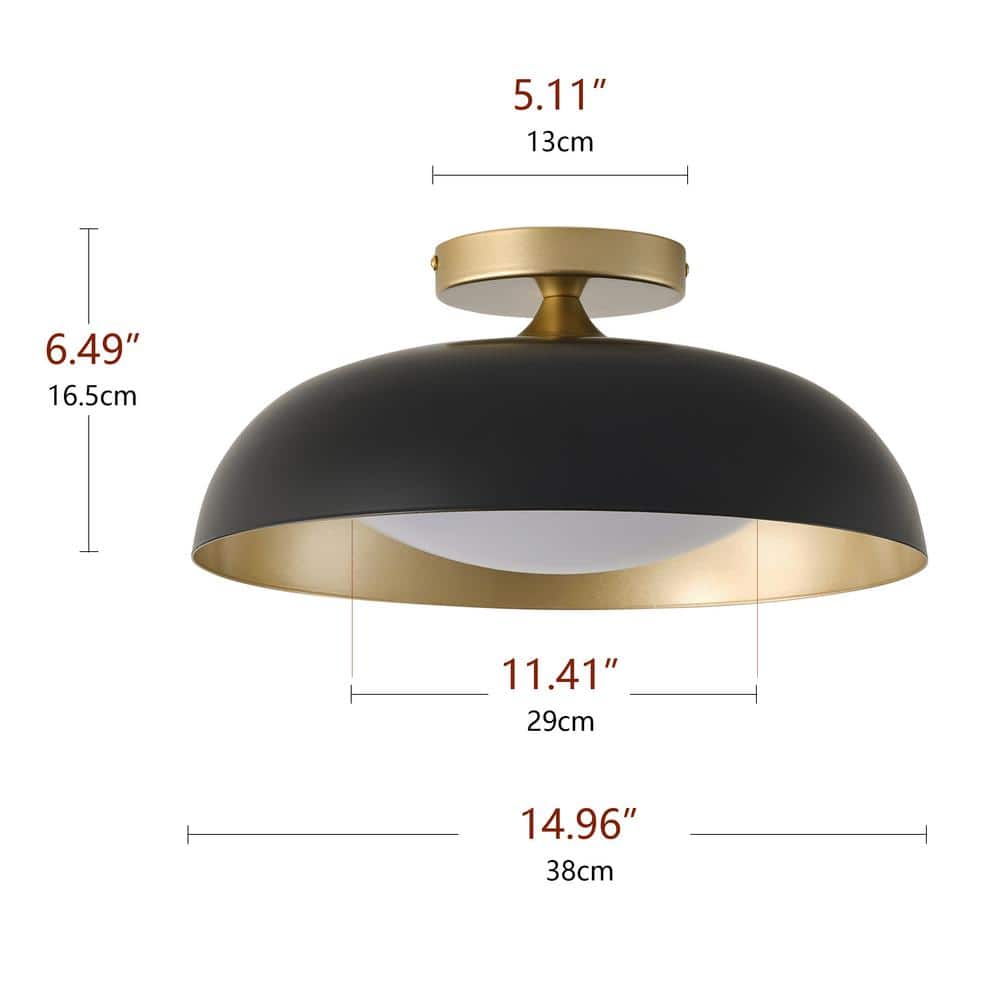 Mid Century 1-Light 14.96in. Dimmable Black and Gold Semi-Flush Mount Ceiling Light - $55