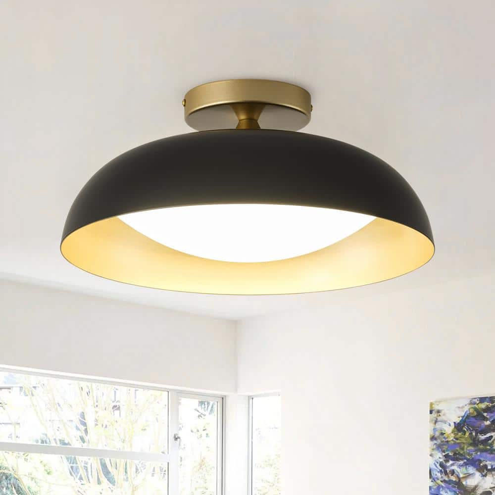 Mid Century 1-Light 14.96in. Dimmable Black and Gold Semi-Flush Mount Ceiling Light - $55