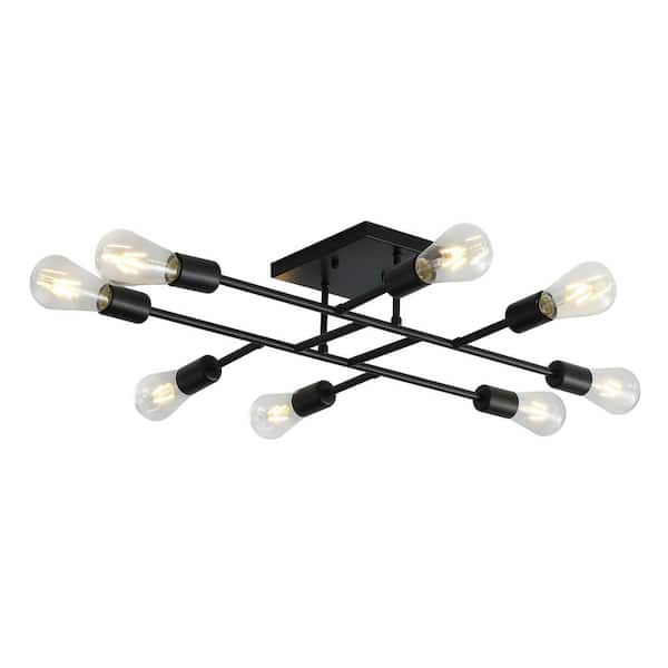 Modern 28 in. 8-Light Black Sputnik Linear Semi-Flush Mount Ceiling Lighting Fixture- $65