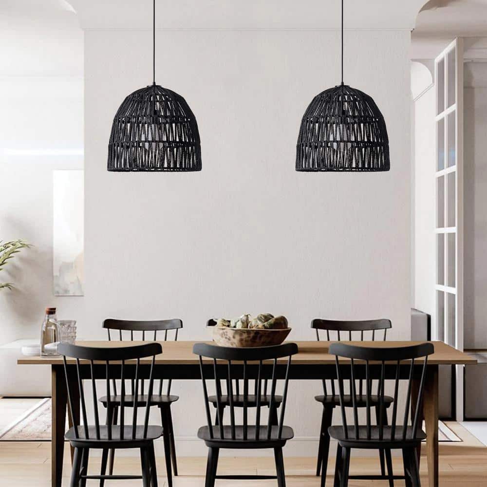 15 in. 1-Light Black Basket Design Dome Pendant Lighting with Woven Rattan Shade - $45