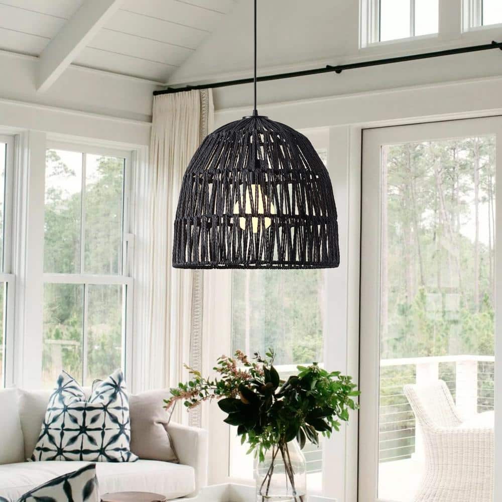 15 in. 1-Light Black Basket Design Dome Pendant Lighting with Woven Rattan Shade - $45