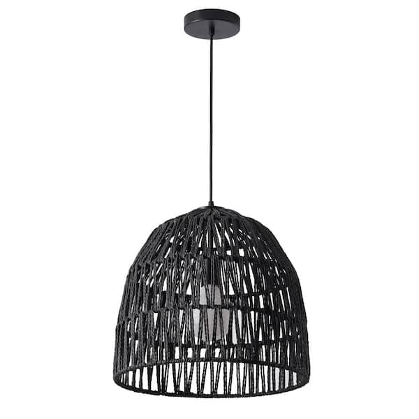 15 in. 1-Light Black Basket Design Dome Pendant Lighting with Woven Rattan Shade - $45