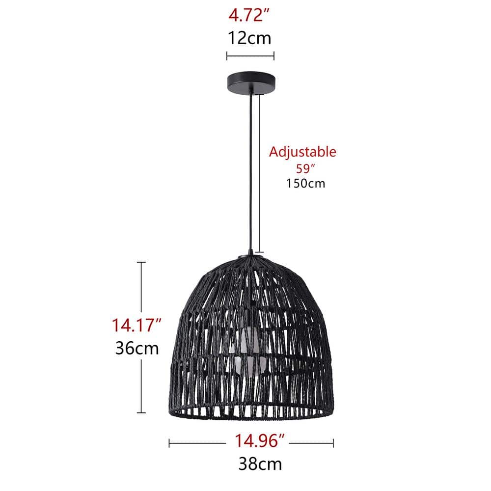 15 in. 1-Light Black Basket Design Dome Pendant Lighting with Woven Rattan Shade - $45
