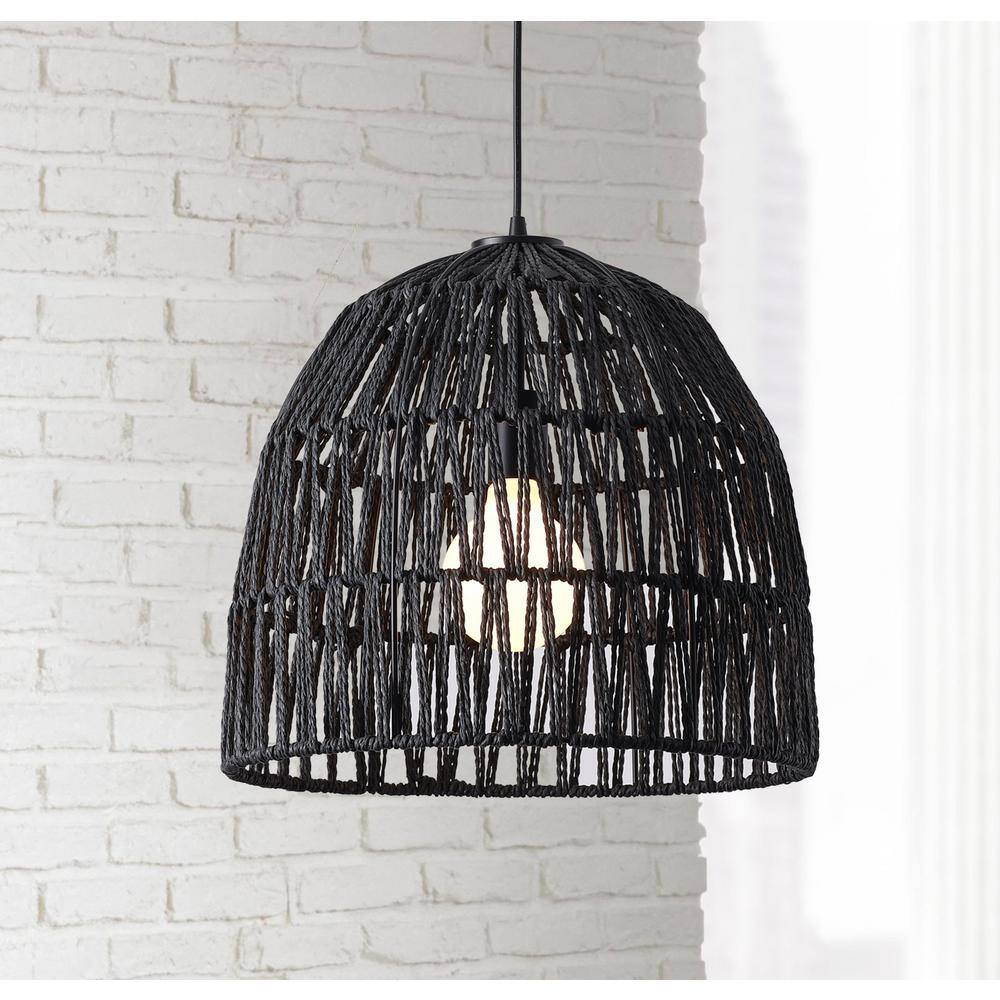 15 in. 1-Light Black Basket Design Dome Pendant Lighting with Woven Rattan Shade - $45