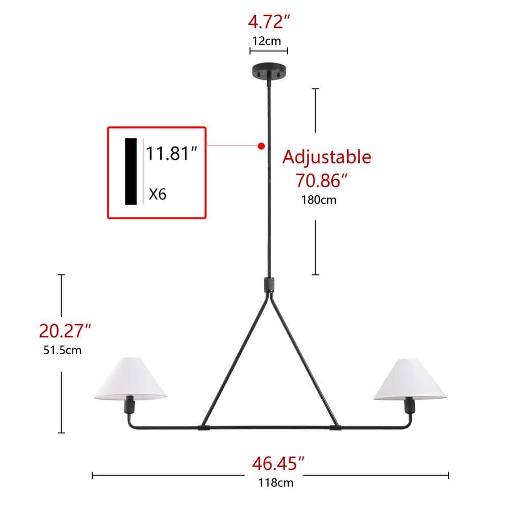 46.45 in. 2Light Kitchen Island Linear Chandelier Classic Matte Black Pendant Light - $65