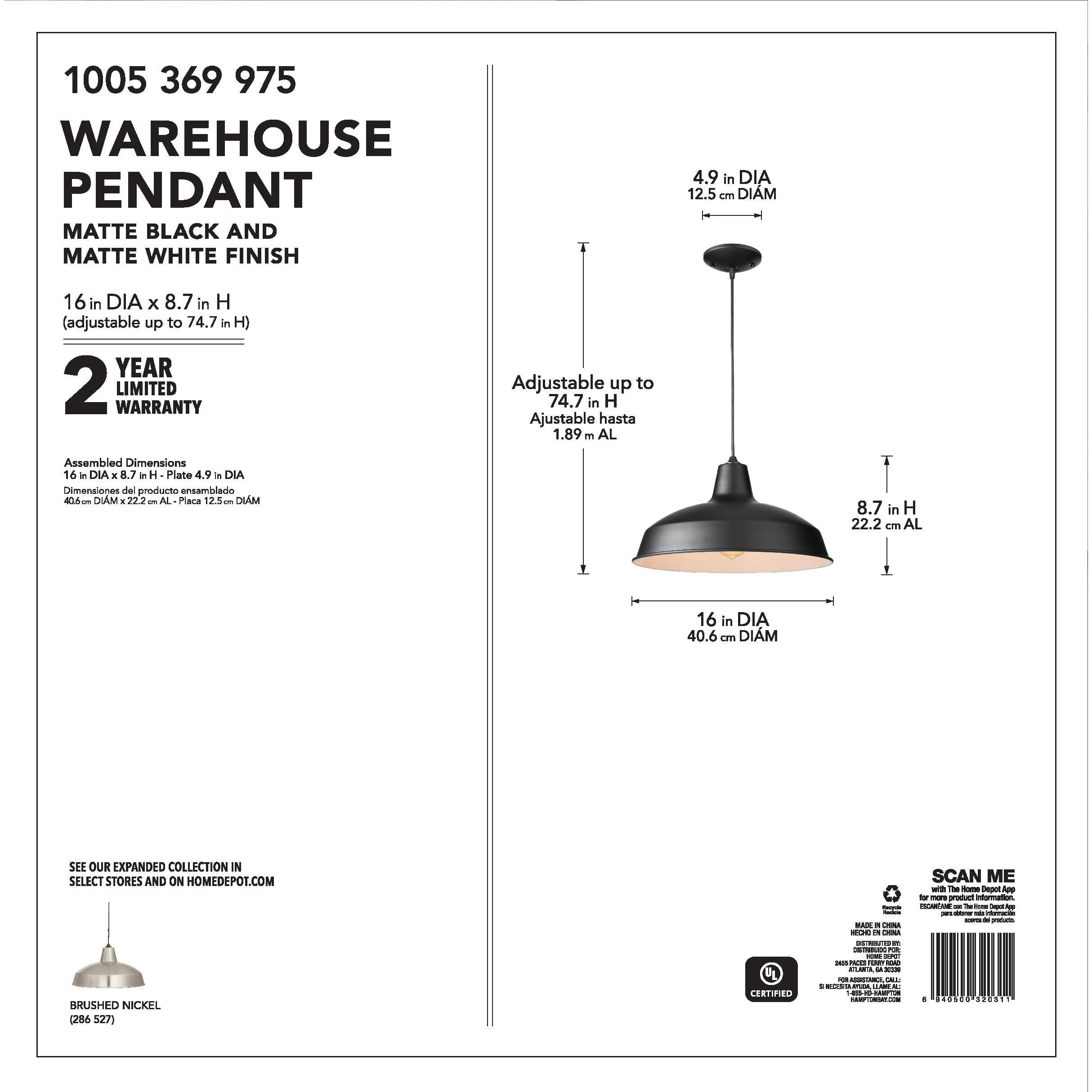 Hampton Bay 1-Light Black Warehouse Pendant Hanging Light with Metal Shade - $25