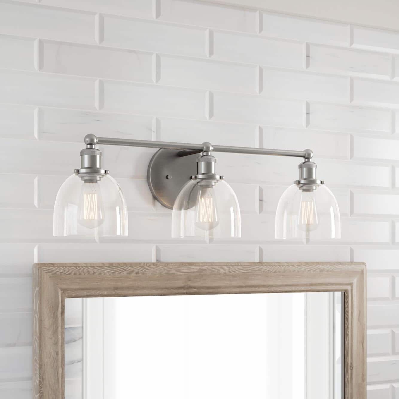 Evelyn 26.75 in. 3-Light Brushed Nickel Industrial Vanity with Clear Glass Shades - $60