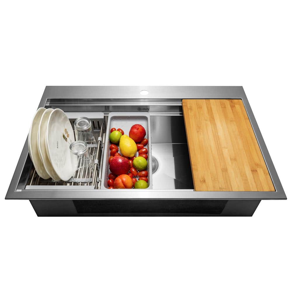 Handmade Drop-In 33 in. x 22 in. Single Bowl Workstation Kitchen Sink - $150