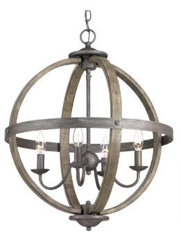 Keowee Collection 19.88 in. 4-Light Artisan Iron Orb Chandelier, Elm Wood Accents - $140