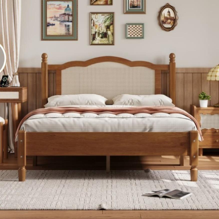 ZNTS Full Size Wooden Platform Bed, Natural Rattan Headboard, Vintage - $180