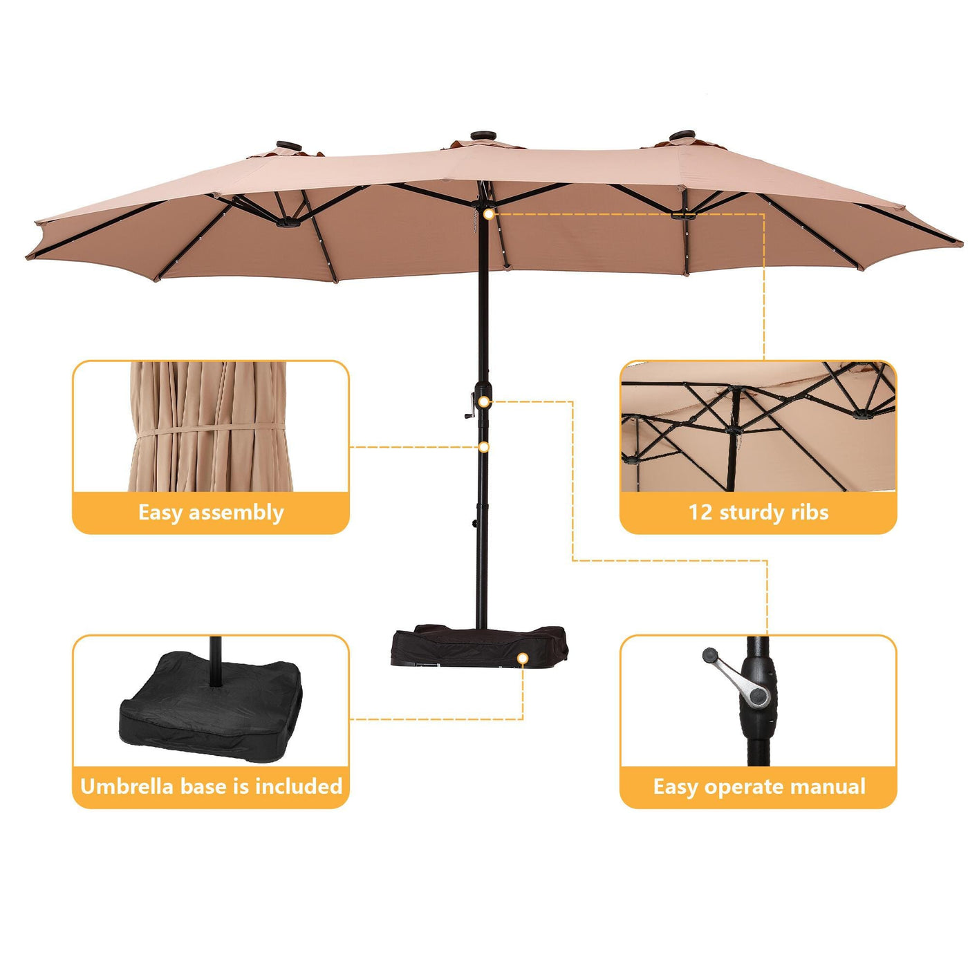 CASAINC 15 ft. Steel Patio Double-Side Market Umbrella with Base and Solar Light - $160