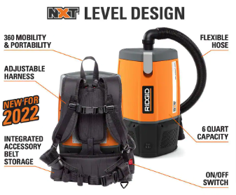 RIDGID 6 Qt. NXT Backpack Vacuum Cleaner (missing attachments) - $115