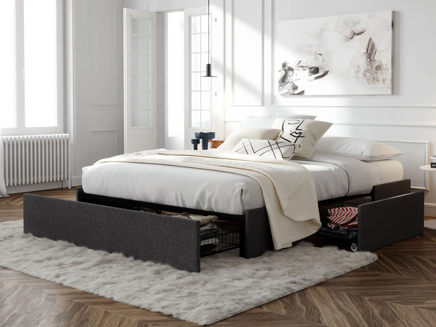 Upholstered Bed Frame with 3 Storage Drawers Queen - $185