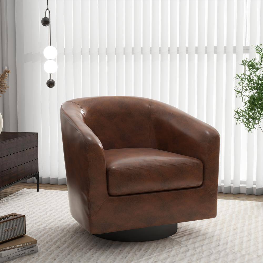 Uixe Coffee PU Leather Upholstered 360° Swivel Arm Chair With Wood Base (Set of 1) - $165