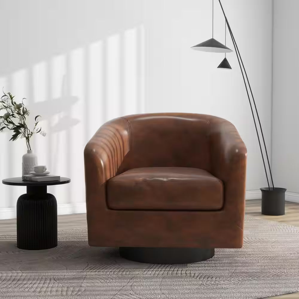 Uixe Coffee PU Leather Upholstered 360° Swivel Arm Chair With Wood Base (Set of 1) - $165
