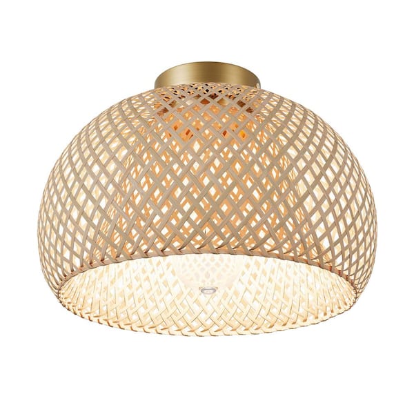 Bamboo 11.41 in. 1-Light Semi-Flush Mount Light Rustic Basket Woven Ceiling Light - $30