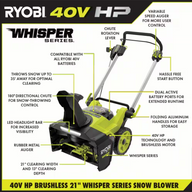 Ryobi - 40V HP Brushless Whisper Series 21 in. Cordless Snow Blower, (2) Batteries, Charger - $500