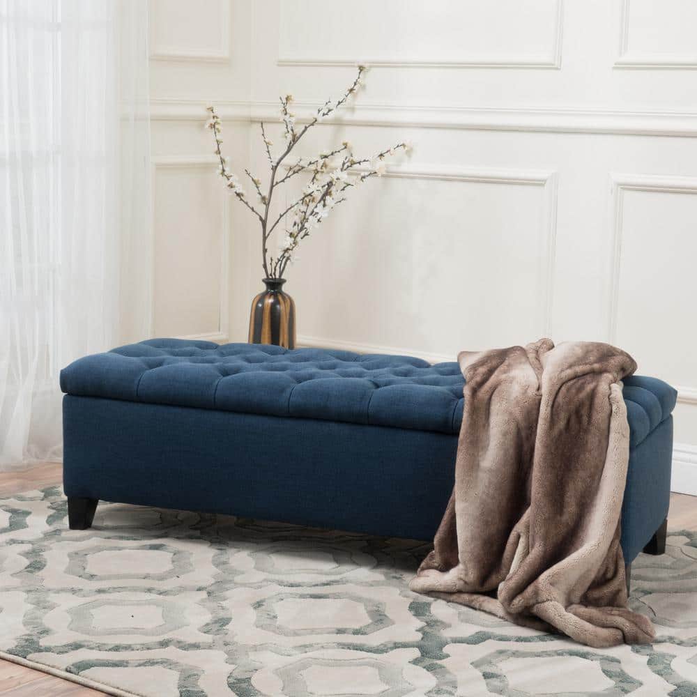 Noble House Dark Blue Tufted Fabric Storage Bench - $130