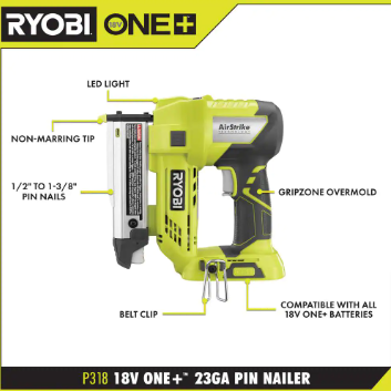 RYOBI ONE+ 18V Cordless AirStrike 23-Gauge 1-3/8 in. Headless Pin Nailer (Tool Only) - $95