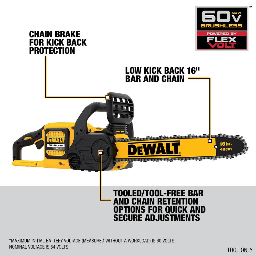 DEWALT 60V MAX 16in. Brushless Battery Powered Chainsaw, Tool Only - $195