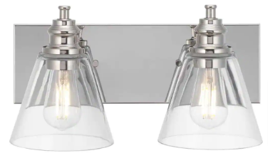 Manor 2-Light Polished Nickel Industrial Bathroom Vanity Light with Clear Glass Shades - $35