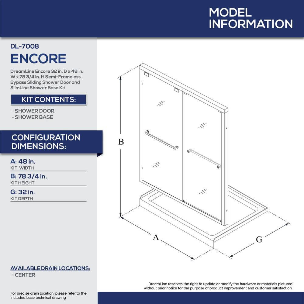 Encore 32 in. D x 48 in. W x 78.75 in. H Semi-Frameless Sliding Shower Door - $650