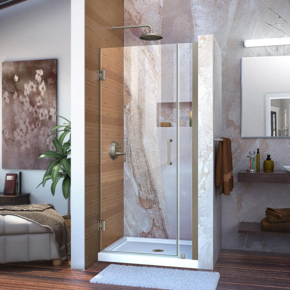 Unidoor 35 to 36 in. x 72 in. Frameless Hinged Shower Door in Brushed Nickel - $475